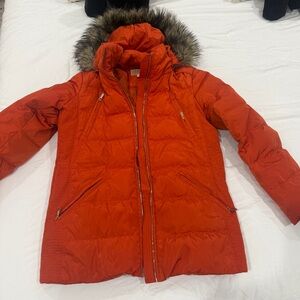 Michael Kors Vibrant Orange Puffer Jacket with Faux Fur Hood